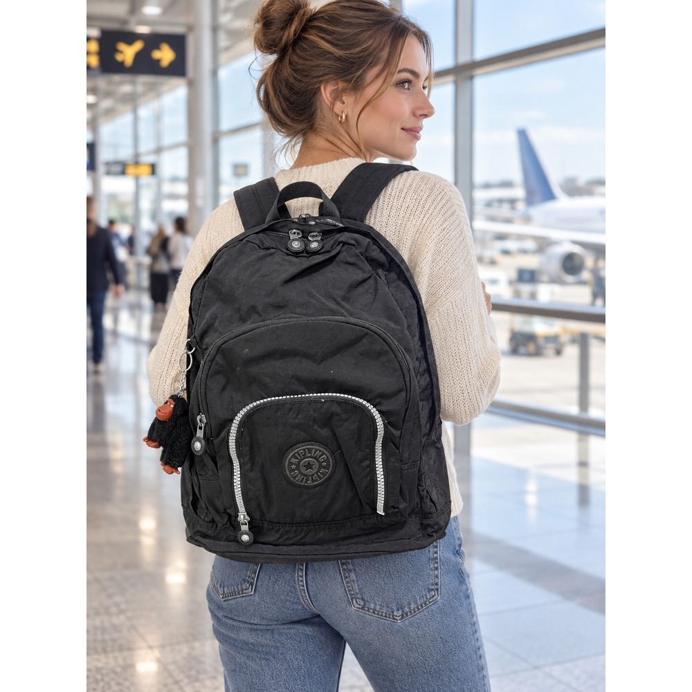 Kipling Seoul Large Backpack Black Crinkle Nylon with Gorilla Keychain
